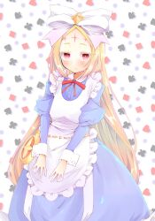  1girl absurdres apron blonde_hair blue_dress blush closed_mouth dress flat_chest forehead_tattoo hair_ribbon highres juliet_sleeves kemotaiyou large_ribbon long_hair long_sleeves looking_at_viewer mahou_shoujo_ni_akogarete morino_korisu nero_alice puffy_sleeves red_eyes ribbon solo tattoo thick_eyelashes very_long_hair white_apron white_ribbon 