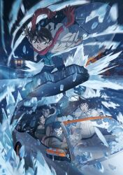  2girls 3boys black-framed_eyewear black_hair blue_eyes blue_pants brown_coat car coat driving edogawa_conan facial_hair floating_hair floating_scarf glasses highres hug long_hair long_sleeves looking_ahead meitantei_conan morofushi_takaaki motion_blur motor_vehicle mouri_ran multiple_boys multiple_girls mustache night official_art open_clothes open_coat open_mouth outdoors pants parabolic_antenna red_scarf scar scar_across_eye scar_on_face scarf short_hair snow sudou_masatomo teeth teraoka_iwao uehara_yui white_coat winter_clothes yamato_kansuke 