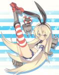  1girl anchor black_panties blade_(galaxist) blonde_hair blush elbow_gloves gloves hair_ornament hairband highleg highleg_panties kantai_collection legs_up long_hair looking_at_viewer navel panties personification rensouhou-chan shimakaze_(kantai_collection) skirt solo striped striped_legwear thighhighs underwear white_gloves yellow_eyes 