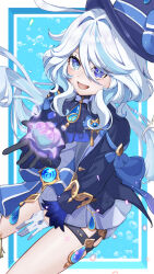  ascot asymmetrical_gloves black_ascot blue_ascot blue_brooch blue_gemstone blue_hat blue_jacket cosplay cowlick drawing410 drop-shaped_pupils eyelash_ornament furina_(genshin_impact) furina_(genshin_impact)_(cosplay) gem genshin_impact gloves hat heterochromia highres hydro_symbol_(genshin_impact) jacket mismatched_gloves mismatched_pupils multicolored_hair ouji_fashion splendor_of_tranquil_waters_(genshin_impact) streaked_hair symbol-shaped_pupils thighs top_hat 