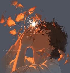 1boy brown_hair closed_eyes commentary_request fireworks fish flying_fish highres male_focus original rido_(ridograph) shirt short_hair solo sparkler watermark white_shirt 