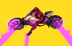  1girl akira_slide arm_cannon armor assault_visor commentary drifting highres looking_at_viewer metroid metroid_prime_4:_beyond motor_vehicle motorcycle patmakesart power_suit_(metroid) purple_visor samus_aran shoulder_armor solo vi-o-la vi-o-la_suit weapon yellow_background 