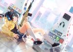  1girl aqua_eyes assault_rifle black_hair broken bullet_hole cd fn_scar gun headphones hooded_jacket looking_at_viewer lying on_back open_clothes open_jacket original ponytail rff_(3_percent) rifle screen shell_casing shirt shop shorts solo weapon window 