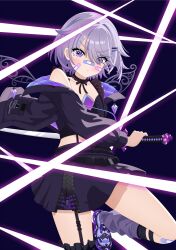  1girl absurdres bandaid bandaid_on_cheek bandaid_on_face bandaid_on_knee bandaid_on_leg bandaid_on_nose black_jacket black_ribbon black_skirt chest_jewel closed_mouth cyari_(cyari_art) gem grey_hair grey_leg_warmers highres hololive hololive_english jacket jewel_under_eye koseki_bijou koseki_bijou_(casual) leg_warmers looking_at_viewer metal_wings official_alternate_costume official_alternate_hairstyle purple_gemstone ribbon skirt solo tomato_(sword) violet_eyes virtual_youtuber zipper 