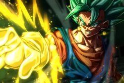  1boy arm_blade aura blue_eyes blue_hair dougi dragon_ball dragon_ball_super earrings energy_sword highres jewelry male_focus muma_maximum76 muscular muscular_male potara_earrings smirk solo spiky_hair super_saiyan super_saiyan_blue sword upper_body vegetto weapon 