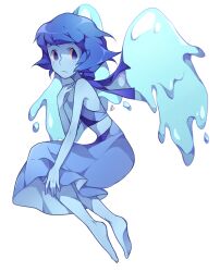  1girl barefoot blue_eyes blue_hair blue_skin closed_mouth colored_skin crop_top e021 elemental_wings highres homeworld_gem_uniform homeworld_lapis_lazuli_uniform lapis_lazuli_(species)_(steven_universe) lapis_lazuli_(steven_universe) liquid_wings short_hair simple_background solo steven_universe water water_wings 