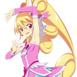  1girl aida_mana arm_up armpits blonde_hair blush caryo choker cure_heart detached_sleeves dokidoki!_precure heart long_hair looking_at_viewer lowres nanashino open_mouth precure simple_background skirt very_long_hair white_background 