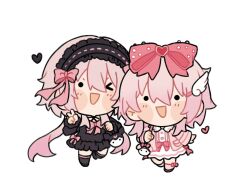  2girls :d alternate_costume bag black_dress black_hairband blush bow chibi dress dual_persona evernight_(honkai:_star_rail) hair_between_eyes hair_ornament hairband hairclip heart hello_kitty honkai:_star_rail honkai_(series) kuromi long_hair march_7th_(honkai:_star_rail) medium_hair multiple_girls my_melody nya_deko one_eye_closed pink_bow pink_dress pink_hair pink_ribbon ribbon sanrio shoulder_bag smile socks very_long_hair white_background 