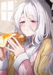  1girl absurdres ahoge blue_archive breasts demon_girl demon_horns eating highres hina_(blue_archive) hina_(pajamas)_(blue_archive) horns indoors jacket long_hair morning oiru_(613) pajamas pink_pajamas polka_dot polka_dot_pajamas small_breasts solo upper_body violet_eyes white_hair yellow_jacket 