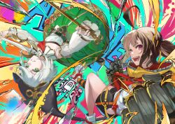  2girls absurdres ahoge bike_shorts black_shorts black_tail bluehead_white_dragon bow_(music) brass_knuckles brown_hair cecilia_immergreen cecilia_immergreen_(1st_costume) clenched_hand clothing_cutout commentary crinoline detached_sleeves doll_joints english_commentary gigi_murin gigi_murin_(1st_costume) gold_trim graffiti green_eyes green_hair grey_hair grin highres hip_vent holding holding_bow_(music) holding_instrument holding_violin hololive hololive_english hood hood_down hoodie huge_ahoge instrument joints long_sleeves looking_at_viewer multicolored_hair multiple_girls off_shoulder open_mouth orange_hoodie perspective romper sharp_teeth shoes short_hair short_twintails shorts smile smokey_(hololive) streaked_hair teeth twintails violet_eyes violin virtual_youtuber weapon white_romper winding_key 