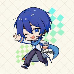  1boy ;d \||/ arm_up belt black_belt black_pants black_shirt blue_eyes blue_hair blue_scarf blue_sleeve_cuffs chibi chibi_only coat commentary denim double-parted_bangs english_commentary full_body hair_between_eyes headset highres hoshi371 jeans kaito kaito_(vocaloid) long_sleeves looking_at_viewer male_focus one_eye_closed open_mouth pants scarf shirt shoes short_hair simple_background smile solo tongue twitter_username vocaloid walking waving white_coat white_shoes yellow_background 