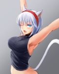  1girl animal_ears armpits arms_up blue_eyes blush breasts cat_ears cat_tail fang final_fantasy final_fantasy_xiv hairband highres irohasu large_breasts looking_at_viewer miqo&#039;te open_mouth rough short_hair silver_hair solo stretch tail wink 