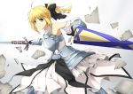  1girl ahoge armor armored_dress avalon_(fate/stay_night) bare_shoulders blonde_hair bow caliburn detached_sleeves dress ello fate/unlimited_codes fate_(series) gauntlets green_eyes hair_bow ponytail saber saber_lily sheath solo sword weapon 