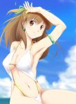  1girl akitaka_(ta-aki) anice_farm arm_up brown_eyes brown_hair casual_one-piece_swimsuit chouon_senshi_borgman half_updo one-piece_swimsuit swimsuit 