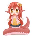  1girl beatsync chibi fang hair_ornament hairclip lamia long_hair miia_(monster_musume) monster_girl monster_musume_no_iru_nichijou open_mouth pointy_ears redhead scales shirt simple_background skirt solo white_background yellow_eyes young 