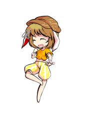  1girl animal_ears barefoot blonde_hair chibi chibi_only commentary_request dairi dango flat_cap floppy_ears food full_body hat holding large_variant_set midriff navel orange_shirt pants parody rabbit_ears ringo_(touhou) shirt skewer solo style_parody tachi-e touhou transparent_background variant_set wagashi 