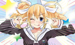  1girl arimura_hinae blonde_hair blue_eyes buttons chaos;child collarbone cropped_jacket double-breasted dress_vest hair_ribbon hekiho_academy_school_uniform highres long_sleeves looking_at_viewer miniskirt one_eye_closed ribbon sailor_collar school_uniform science_adventure skirt smile solo tongue tongue_out twintails v white_hood white_sailor_collar zuo_cang 