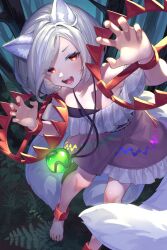  1girl absurdres animal_ears anklet barefoot bear_trap claw_pose dog_ears dog_girl dog_tail extra_tails frilled_skirt frills grey_hair highres jewelry mitsugashira_enoko multiple_tails necklace off-shoulder_shirt off_shoulder open_mouth pink_skirt purple_shirt rainbow_print red_eyes shirt short_hair skirt solo tail touhou wankosoba_(wanwan_soba) 