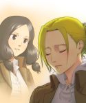  2girls annie_leonhardt black_hair blonde_hair closed_eyes jacket low_twintails mina_carolina multiple_girls shingeki_no_kyojin short_hair tagme twintails zugan_(berugkamp) 