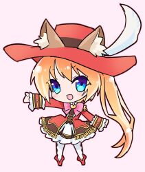  1girl animal_ears blonde_hair blue_eyes boots chibi dress emil_chronicle_online hat hat_feather highres jacket long_hair mary_(eco) neck_ribbon open_mouth pink_background pink_ribbon red_boots red_hat red_jacket ribbon side_ponytail solo thigh-highs white_dress white_thighhighs yusa_yuyu 