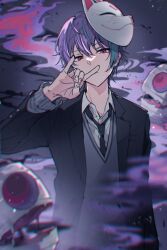  1boy arms_up black_jacket black_neckerchief blazer collared_shirt commentary_request fingernails fox_mask fox_shadow_puppet grey_sweater highres ichigo_ichie_na_hyakki_yagyou!?_(project_sekai) jacket kamishiro_rui kuuu_ilst lapels long_sleeves looking_at_viewer male_focus mask mask_pull multicolored_hair neckerchief notched_lapels official_alternate_costume official_alternate_hairstyle open_clothes open_jacket pink_eyes project_sekai purple_hair shirt short_hair solo streaked_hair sweater two-tone_hair upper_body v-neck 