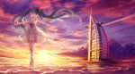  1girl bare_arms bare_shoulders barefoot beach blue_hair bow burj_al_arab closed_eyes clouds condensation_trail dress floating_hair hair_bow hatsune_miku long_hair ocean outstretched_arms see-through sky sleeveless sleeveless_dress solo spread_arms sunset tidsean twintails very_long_hair vocaloid walking water waves white_dress wind 