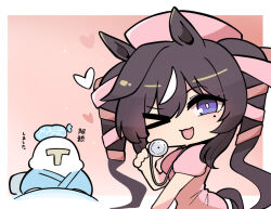 >_o 1girl 1other ;d animal_ears blue_kimono blush brown_hair dress hair_ribbon hat heart highres holding holding_stethoscope horse_ears horse_girl horse_tail ice_pack japanese_clothes kawamochi_(tddm3573) kimono looking_at_viewer looking_to_the_side mole mole_under_eye nurse nurse_cap one_eye_closed pink_background pink_dress pink_hat pink_ribbon puffy_short_sleeves puffy_sleeves ribbon short_sleeves smile stethoscope t-head_trainer_(umamusume) tail trainer_(umamusume) translation_request twintails umamusume under_covers violet_eyes vivlos_(umamusume) 