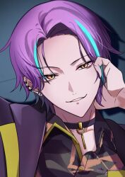  1boy blue_hair choker collared_shirt deep_dark_for_light_(project_sekai) ear_piercing earrings fingernails hand_up highres jewelry kamishiro_rui looking_at_viewer male_focus multicolored_hair nail_polish nia_(9h_zwnf7) official_alternate_costume official_alternate_hairstyle parted_lips piercing project_sekai purple_hair purple_nails shirt smile solo streaked_hair stud_earrings twitter_username two-tone_hair 