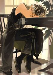  1boy arm_on_table arm_pillow arms_on_table bare_shoulders black_hair black_nails cape chain colored_tips covered_mouth earrings floor flower_pot full_body gold_chain gold_trim gold_wrist_cuffs head_on_arm head_on_table head_rest high_heels highres idolish7 indoors jewelry looking_ahead momo_(idolish7) multicolored_hair nail_polish official_alternate_costume one_eye_covered pink_eyes plant potted_plant ring sitting sleeveless solo streaked_hair table unworn_cape white_streaks wrist_cuffs 