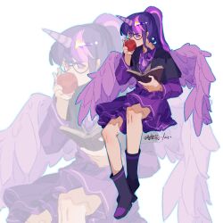  1girl alternate_skin_color apple black-framed_eyewear black_boots black_jacket blue_outline book boots bow bowtie chinese_text collared_shirt covered_mouth cropped_jacket crossed_ankles dress eating feathered_wings food fruit full_body glasses hand_up high_ponytail highres holding holding_book holding_food holding_fruit horns jacket knee_boots knee_up layered_sleeves long_hair long_sleeves looking_at_food medium_skirt multicolored_hair my_little_pony my_little_pony:_equestria_girls my_little_pony:_friendship_is_magic no_pupils official_alternate_hairstyle open_book open_clothes open_jacket outline pleated_skirt ponytail purple_bow purple_bowtie purple_dress purple_horns purple_skirt purple_wings round_eyewear sci-twi shirt short-sleeved_jacket short_over_long_sleeves short_sleeves simple_background single_horn sitting skirt solo streaked_hair translation_request twilight_sparkle unicorn_girl unicorn_horn white_background wings wumingshi61160 zoom_layer 