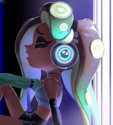  1girl black_hair black_shorts bridal_gauntlets closed_eyes crop_top dark-skinned_female dark_skin dbwuqldvec82805 detached_sleeves gradient_hair green_hair headphones highres long_hair marina_(splatoon) mole mole_under_mouth multicolored_hair octoling open_mouth shorts single_bridal_gauntlet single_detached_sleeve splatoon_(series) splatoon_2 suction_cups tentacle_hair 