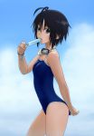  1girl antenna_hair biting black_hair blush brown_eyes goggles idolmaster kikuchi_makoto looking_at_viewer mouth_hold one-piece_swimsuit open_mouth popsicle short_hair sky solo swimsuit wata_do_chinkuru 