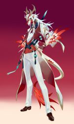  1boy b.i.a belt black_belt brown_gloves brown_shoes coat colored_sclera cross-laced_shoes dragon_boy dragon_ears dress_pants dress_shoes eastern_dragon_horns eastern_dragon_tail facial_hair fang fingerless_gloves fingernails full_body fur-trimmed_collar fur_trim furry gloves gradient_background highres holding holding_sword holding_weapon horns jade_(gemstone) jade_pendant long_hair long_sidelocks long_tail looking_at_viewer male_focus multicolored_coat necktie original oxfords pants red_background red_coat red_fur red_necktie red_tail red_vest reverse_grip sharp_fingernails shirt shoes short-sleeved_coat short_sleeves sidelocks skin_fang slit_pupils solo standing sword tail tassel two-sided_coat two-sided_fabric two-tone_coat two-tone_tail vest waistcoat weapon white_coat white_facial_hair white_hair white_pants white_shirt white_tail yellow_eyes yellow_horns yellow_sclera 