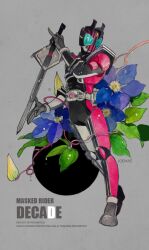  1boy armor artist_name black_armor black_bodysuit bodysuit character_name full_body grey_background helmet highres holding holding_sword holding_weapon jo_mawe kamen_rider kamen_rider_dcd kamen_rider_decade male_focus pink_armor pink_bodysuit pink_helmet simple_background solo sword tokusatsu weapon 
