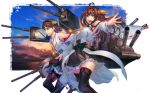 2girls ahoge bare_shoulders black_eyes black_legwear boots brown_hair clouds detached_sleeves hair_ornament hairband headgear hiei_(kantai_collection) highres japanese_clothes kantai_collection kongou_(kantai_collection) long_hair looking_at_viewer multiple_girls open_mouth outstretched_arm pantyhose personification revision sarashi short_hair simosi skirt sky smile thigh_boots thighhighs wide_sleeves zettai_ryouiki 