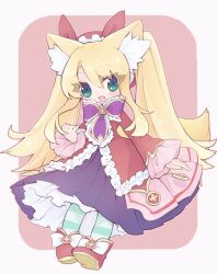  1girl animal_ears blonde_hair book boots emil_chronicle_online fang fox_ears fox_tail frilled_jacket frilled_ribbon frilled_sleeves frills green_eyes green_thighhighs hat highres holding holding_book jacket long_sidelocks mitama_mei neck_ribbon open_mouth purple_ribbon purple_skirt red_boots red_hat red_jacket ribbon sidelocks skirt solo striped_clothes striped_thighhighs tail thigh-highs twintails yusa_yuyu 