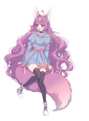  1girl :d ahoge animal_ears ankle_boots arm_support artist_name artysaur bell black_bow black_choker black_thighhighs blue_boots blue_hoodie blue_skirt boots bow brown_eyes center-flap_bangs choker circlet collarbone commentary commission drawstring english_commentary flower fox_ears fox_girl fox_tail full_body gold_circlet hair_between_eyes heart heart_ahoge highres hood hood_down hoodie kitsune_cafe knees_together_feet_apart lace-up_boots long_hair long_sleeves looking_to_the_side miniskirt neck_bell open_mouth pink_flower pleated_skirt puffy_long_sleeves puffy_sleeves purple_hair purple_tail sasucchi95 simple_background skirt smile solo standing standing_on_one_leg tail teeth thigh-highs tongue very_long_hair virtual_youtuber watermark wavy_hair white_background zettai_ryouiki 