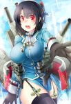 1girl black_hair breasts hat huge_breasts kantai_collection large_breasts open_mouth red_eyes short_hair sky solo takao_(kantai_collection) thighhighs 