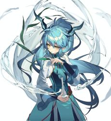  1boy androgynous belt blue_hair blue_theme blue_trim cropped_jacket denif_(elsword) dragon_boy dragon_horns elsword gold_trim highres holding holding_plant horns hydrokinesis long_hair long_sleeves nishiirei9522 plant pointy_ears red_belt simple_background slit_pupils very_long_hair water yellow_eyes 
