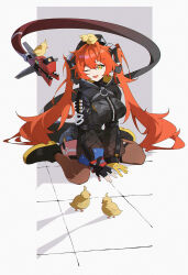 1girl 1other ammunition animal animal_on_head asymmetrical_gloves baby_animal bird black_hat black_horns black_shoes black_shrug chick dragon_girl dragon_horns dress fingerless_gloves gloves green_eyes gun hands_on_floor hat highres horns magus_(zenless_zone_zero) mechanical_horns mechanical_tail messy_hair mismatched_gloves on_floor on_head one_eye_closed open_mouth orange_hair orange_pupils orphie_magnusson postalworks shoes shrug_(clothing) single_fingerless_glove sitting smile tail thigh-highs thigh_strap twintails wariza weapon yellow_gloves zenless_zone_zero zipper_dress