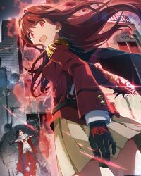  2girls aura black_gloves black_hairband city commentary_request cowboy_shot dark_persona epaulettes flower from_behind game_cg glint gloves hairband holding holding_weapon idol_heroes_(idolmaster) idolmaster idolmaster_million_live! idolmaster_million_live!_theater_days jacket long_sleeves looking_at_viewer looking_back mighty_sailor multiple_girls nanao_yuriko official_art open_mouth outdoors pleated_skirt red_aura red_eyes red_hair red_jacket skirt standing tanaka_kotoha third-party_source weapon 