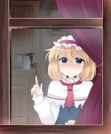  1girl alice_margatroid blonde_hair blue_dress blue_eyes blush book capelet clock commentary_request curtains dress hairband hammer_(sunset_beach) lolita_hairband long_sleeves looking_at_viewer necktie shirt short_hair solo touhou window writing 
