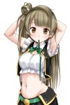  1girl armpits arms_behind_head blush breasts brown_eyes brown_hair cleavage crop_top frills long_hair love_live!_school_idol_project midriff minami_kotori mousou_(mousou_temporary) mouth_hold navel ribbon solo vest 