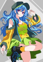  1girl adapted_costume black_shoes black_vest blue_hair blush closed_mouth contemporary detached_sleeves green_hat green_skirt grey_background haniyasushin_keiki hat highres ironcandy2009 long_hair long_sleeves looking_at_viewer pink_eyes shoes skirt smile sneakers solo touhou vest 