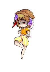  1girl animal_ears barefoot blonde_hair chibi chibi_only commentary_request dairi dango flat_cap floppy_ears food full_body hat holding large_variant_set midriff navel orange_shirt pants parody rabbit_ears ringo_(touhou) shirt skewer solo style_parody tachi-e touhou transparent_background variant_set wagashi 
