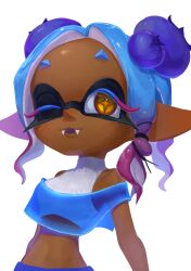  1girl blue_hair blue_shawl colored_eyelashes crop_top dark-skinned_female dark_skin dbwuqldvec82805 fangs frye_(splatoon) gradient_hair highres inkling multicolored_hair one_eye_closed open_mouth pointy_ears see-through_clothes see-through_shawl shawl short_eyebrows solo splatoon_(series) splatoon_3 tentacle_hair white_background yellow_eyes 