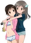  bikini blush brown_eyes brown_hair highres hug hug_from_behind long_hair looking_back midiman mitani_kanae sawatari_fuu school_uniform serafuku short_hair shorts smile swimsuit t-shirt tamayura 