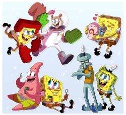  1girl 3boys absurdres animal_hug annoyed blowing_bubbles buck_teeth gary_the_snail hiffuu highres multiple_boys octopus_boy patrick_star sandy_cheeks snail spongebob_squarepants spongebob_squarepants_(series) squidward_tentacles starfish teeth 