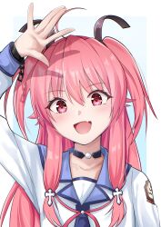  1girl absurdres angel_beats! arm_up black_choker choker collarbone commentary_request cross_hair_ornament fang hair_ornament highres long_hair long_sleeves looking_at_viewer neck_ribbon open_mouth pink_eyes pink_hair pink_ribbon ribbon rrtp school_uniform shinda_sekai_sensen_uniform shirt sidelocks skin_fang smile solo two_side_up white_shirt yui_(angel_beats!) 