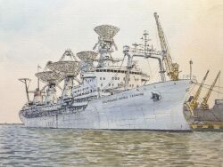  anchor atelier_bono clouds commentary_request crane_(machine) highres kosmonavt_yuriy_gagarin_(communications_ship) mast no_humans ocean original outdoors painting_(medium) port radar radio_antenna ship sky sunset traditional_media vehicle_focus watercolor_(medium) watercraft waves yellow_sky 